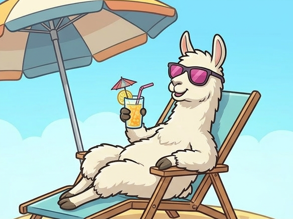 Calm llama relaxing in a lounge chair with a drink