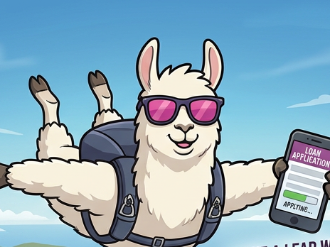 Calm llama skydiving while applying on a phone