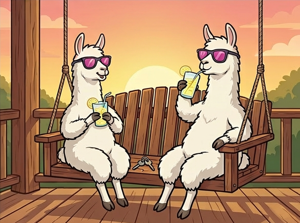 Two llamas relaxing on a porch swing at sunset