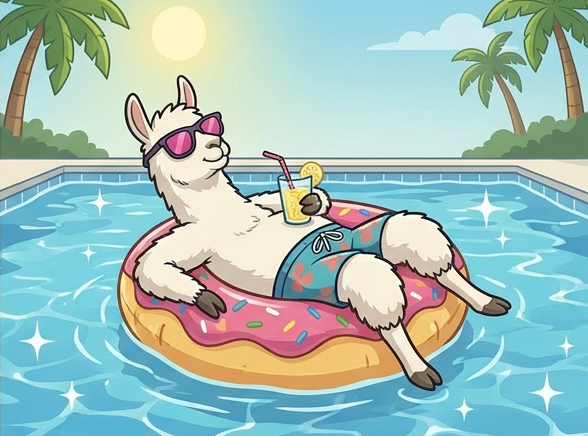 Calm llama floating in a pool