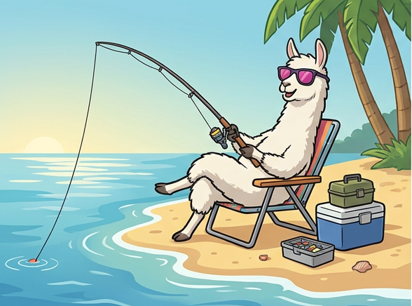Calm llama fishing from a beach chair